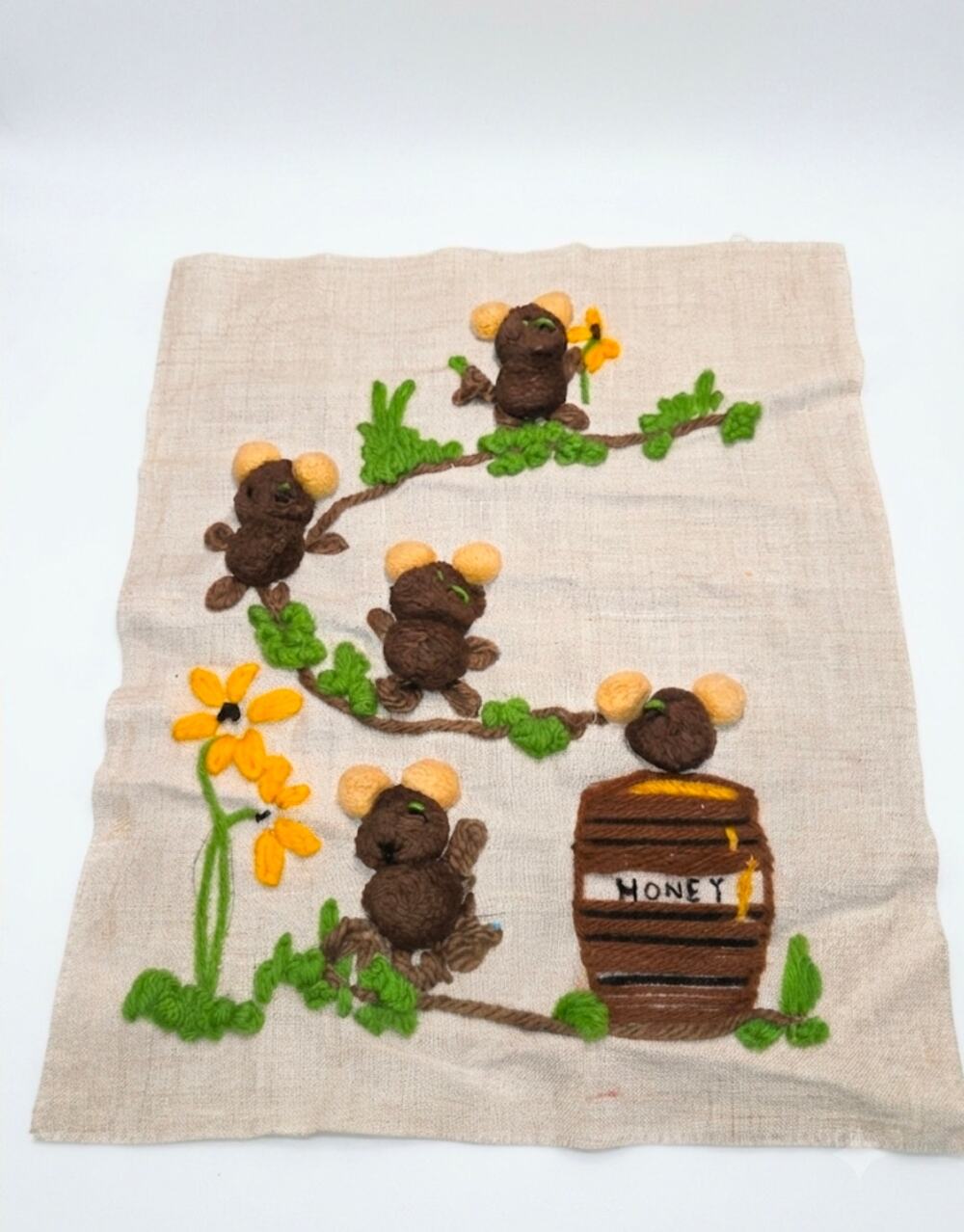 Vintage Crewel Bears Honey Pot Unframed  15" X 12"